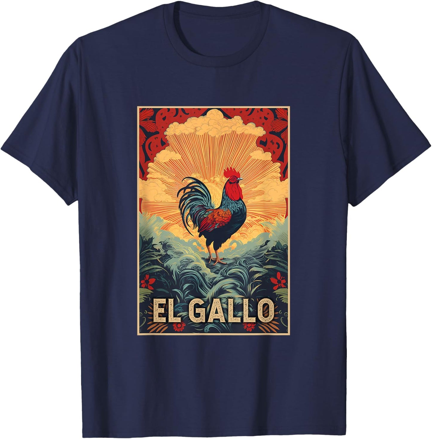 Latino Fun El Gallo Cool Vintage Rooster - Men, Boys - Black - Short Sleeve - Small T-Shirt - T-Shirt | Navy