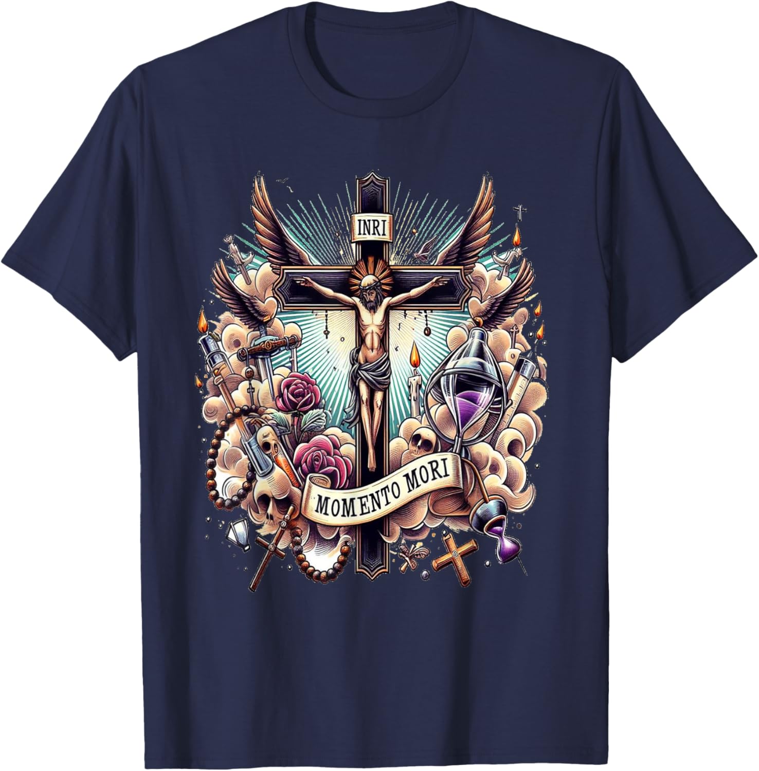 Memento Mori Catholic Crucifix Traditional Latin Mass Skull T-Shirt - T-Shirt | Navy