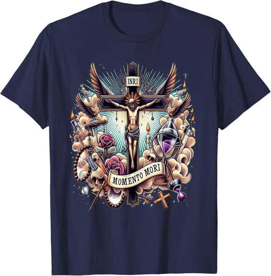 Memento Mori Catholic Crucifix Traditional Latin Mass Skull T-Shirt - T-Shirt | Navy