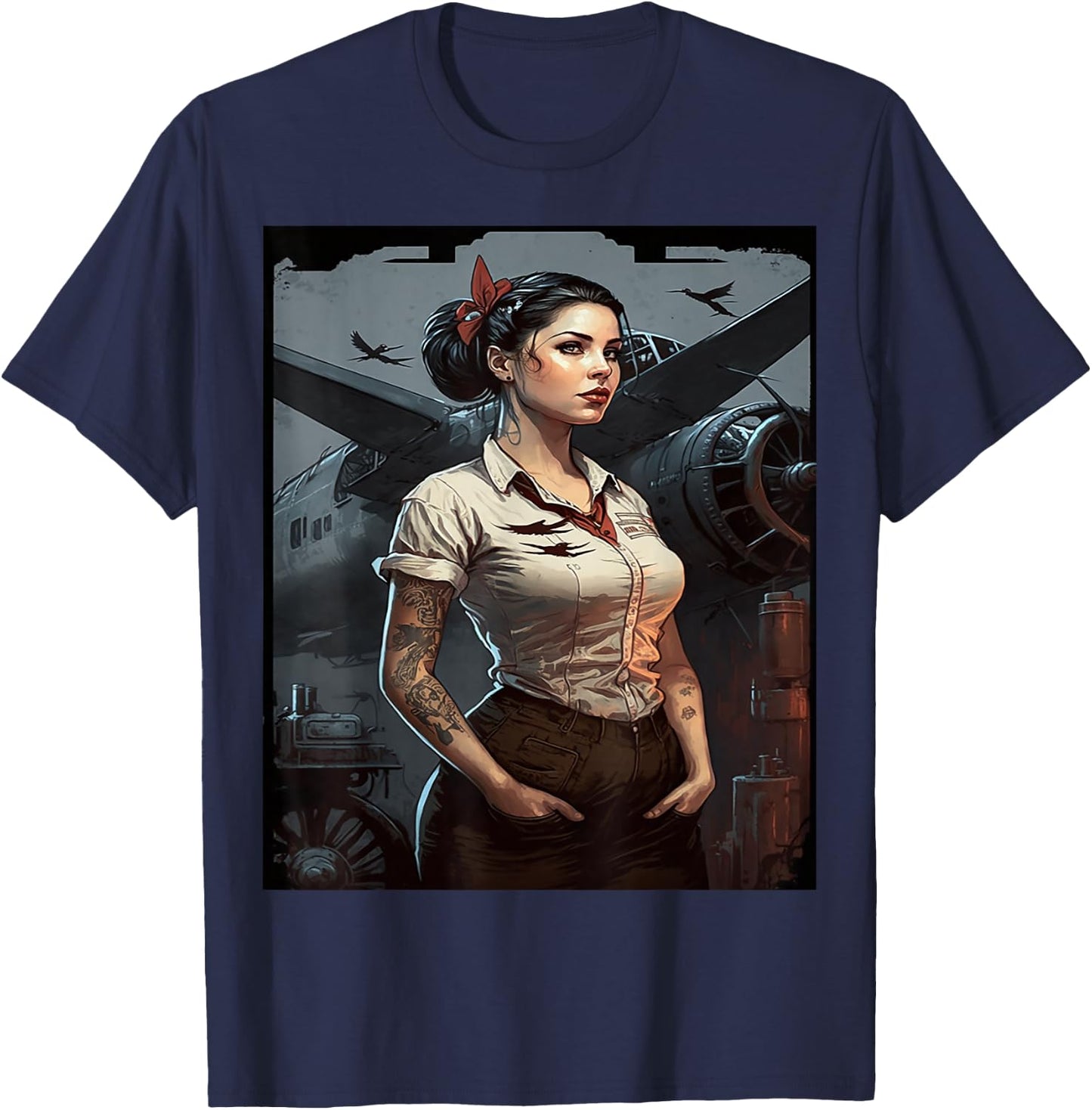 Strong Military Pinup Woman With Tattoos Airplane Retro Art T-Shirt - T-Shirt | Navy