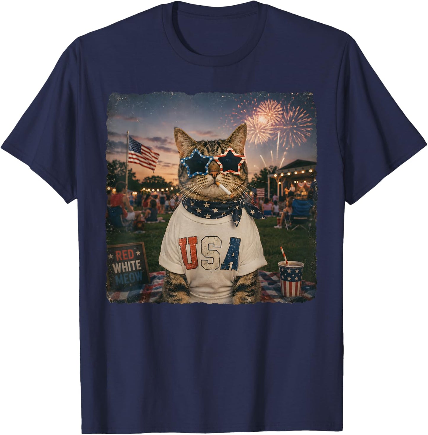 Funny American Cat Smoking Sunglasses Meme Funny 4th of July T-Shirt - T-Shirt | Navy