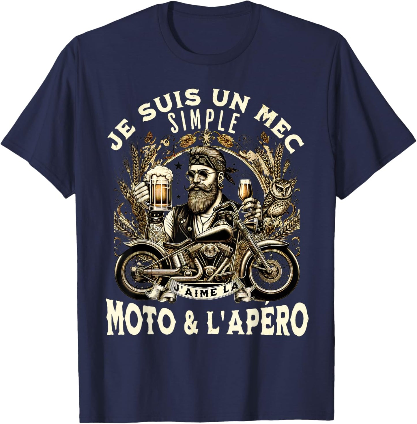 Gift Fan Motorcycle and Aperitif Biker Humour Alcohol Funny , Black, S T-Shirt - T-Shirt | Navy