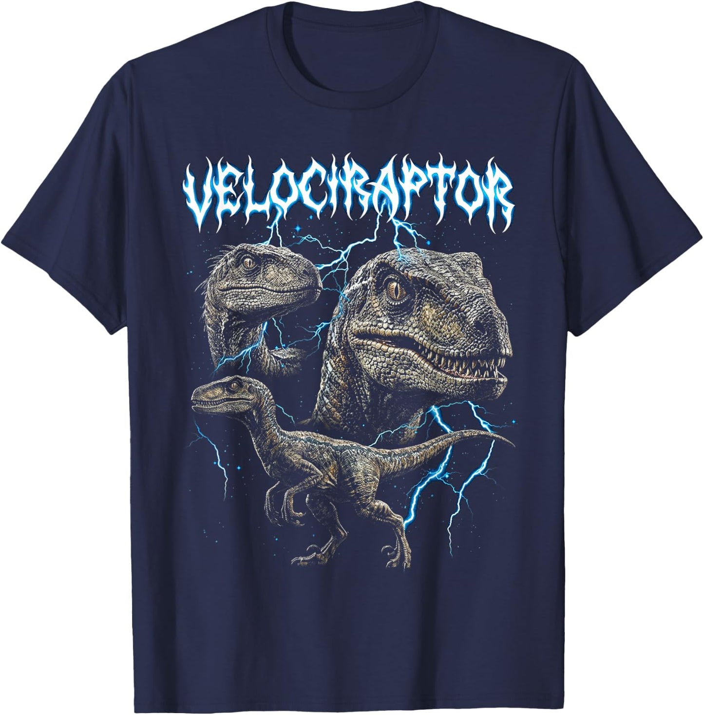 Velociraptor Vintage 90s Heavy Metal Retro Dinosaur Lover T-Shirt - T-Shirt | Navy
