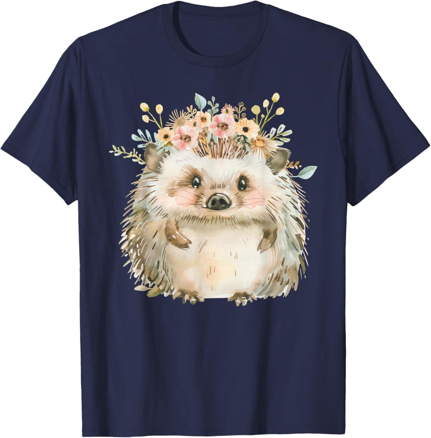 Hedgehog Boho Forest Animal Flower Flowers Vintage , black T-Shirt - T-Shirt | Navy