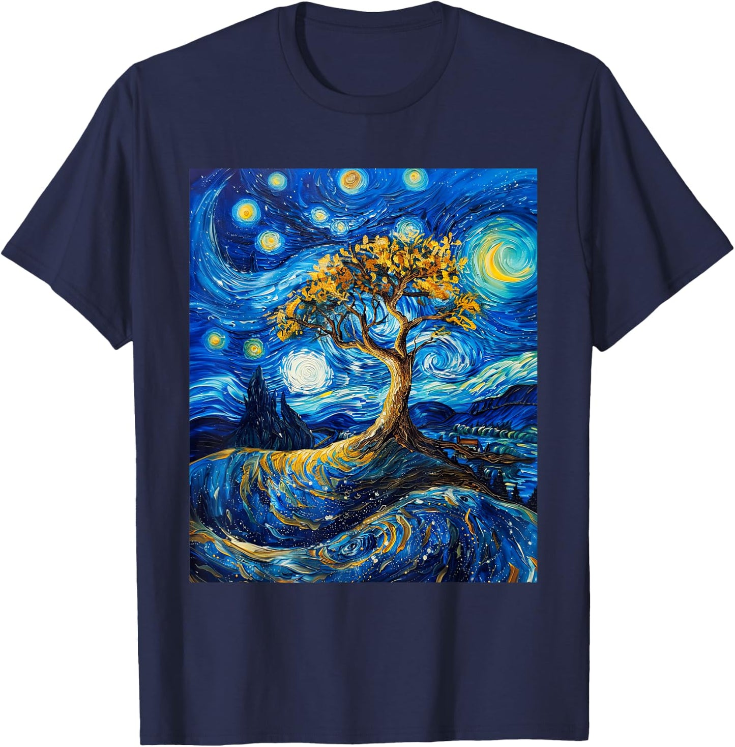 Yggdrasil Tree Of Life Van Gogh Style Starry Night T-Shirt - T-Shirt | Navy