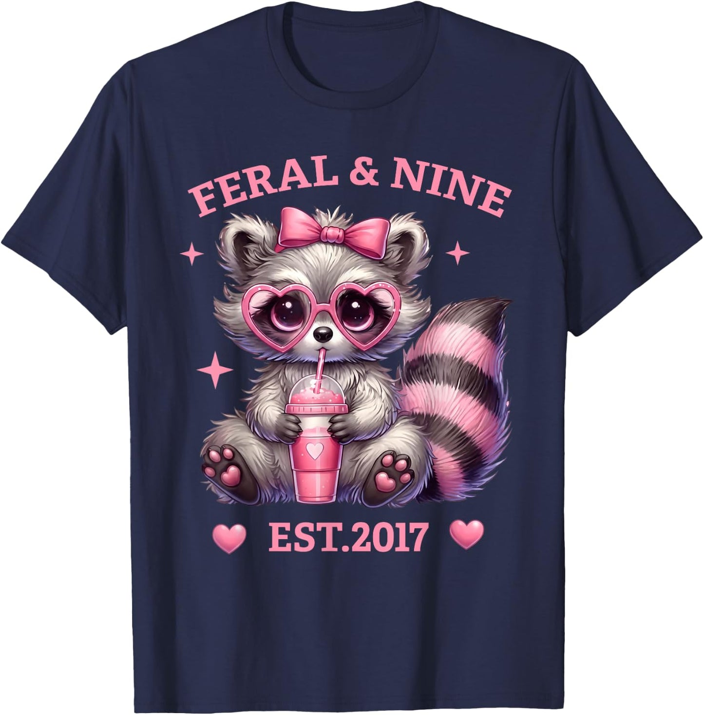 Feral and Nine Est 2017 Pink Bow Cute Raccoon 9th Birthday T-Shirt - T-Shirt | Navy
