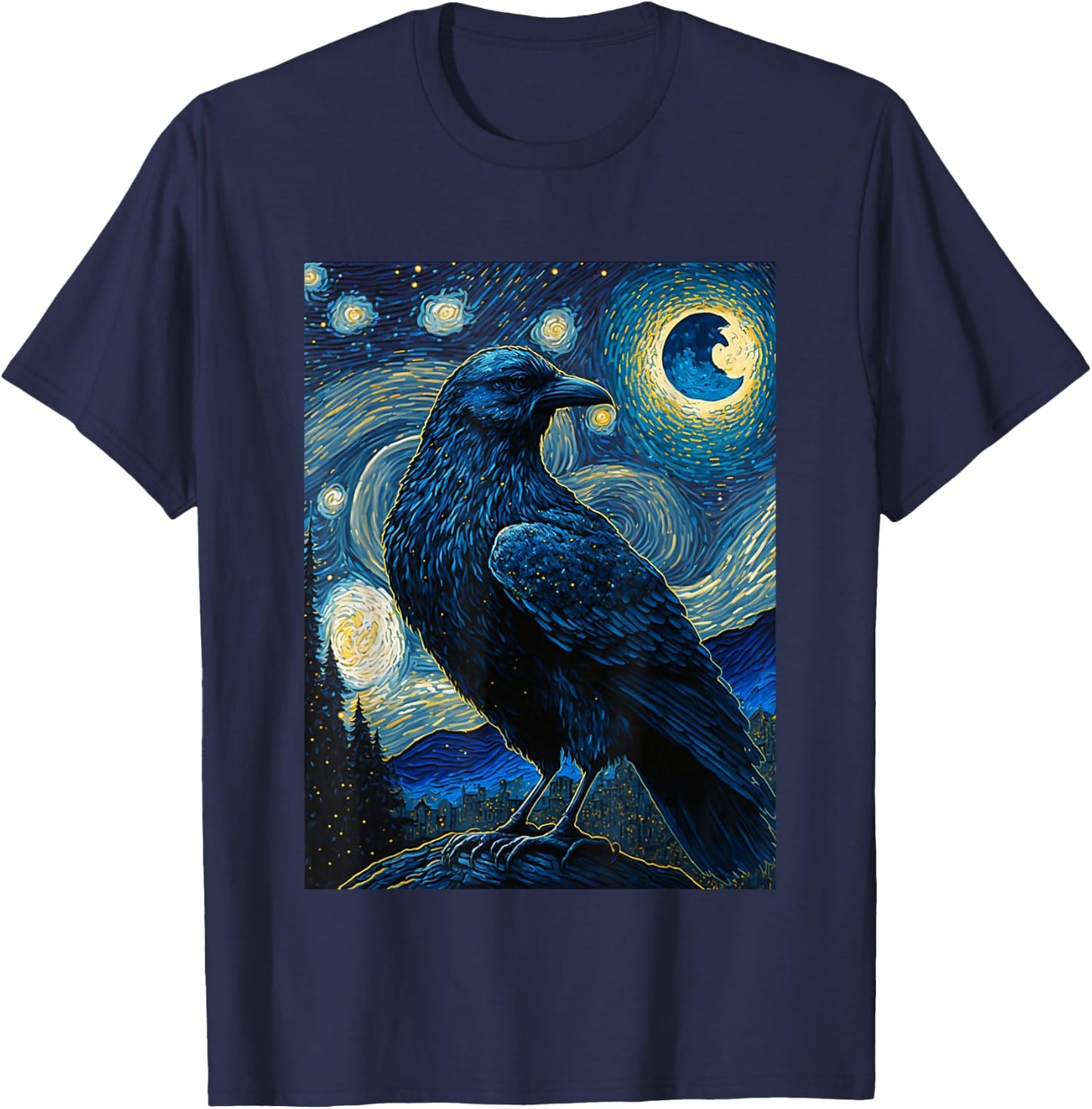Raven Starry Night Style Painting, Van Gogh Crow Lover T-Shirt - T-Shirt | Navy