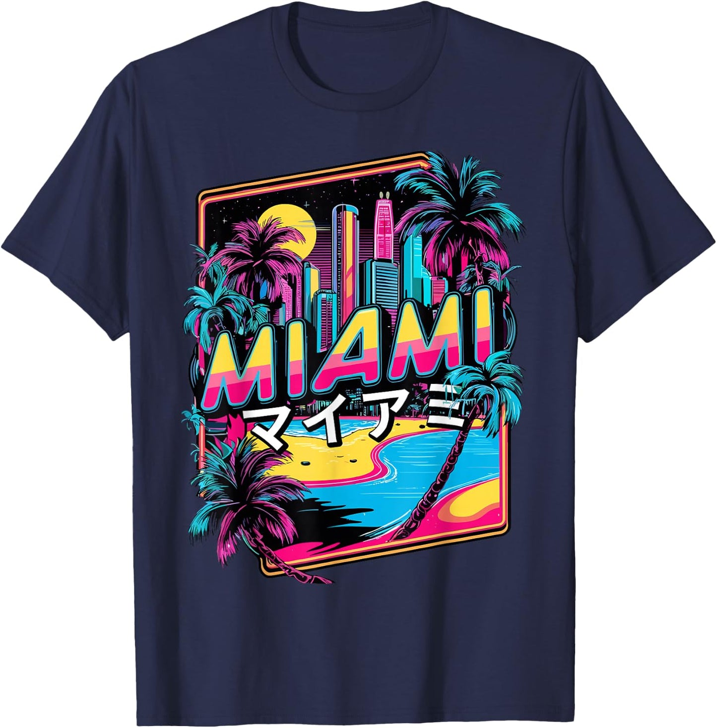 Miami in Japanese Vaporwave Aesthetic, Cult Movie 80s , Black, S T-Shirt - T-Shirt | Navy