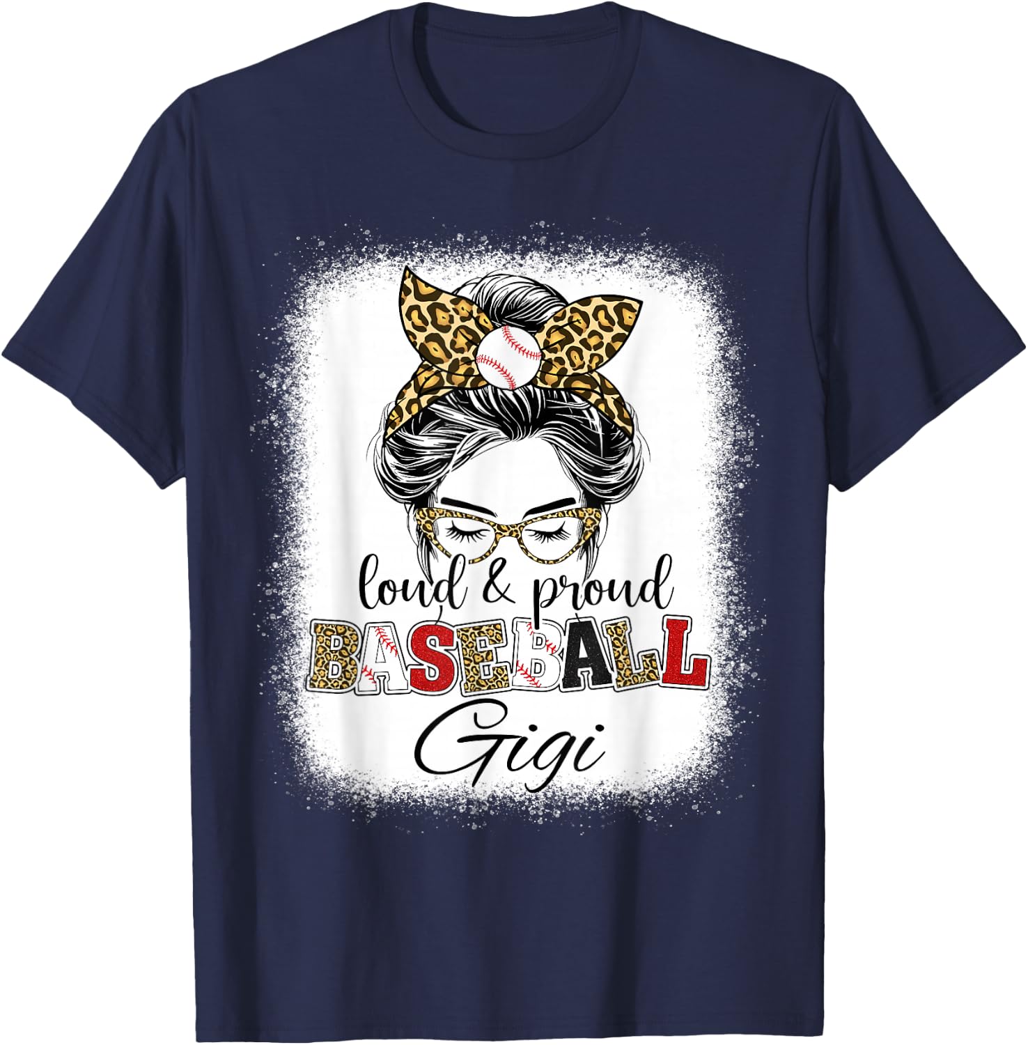 Loud and Proud Baseball Gigi messy bun leopard girls T-Shirt - T-Shirt | Navy