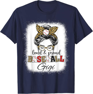 Loud and Proud Baseball Gigi messy bun leopard girls T-Shirt - T-Shirt | Navy