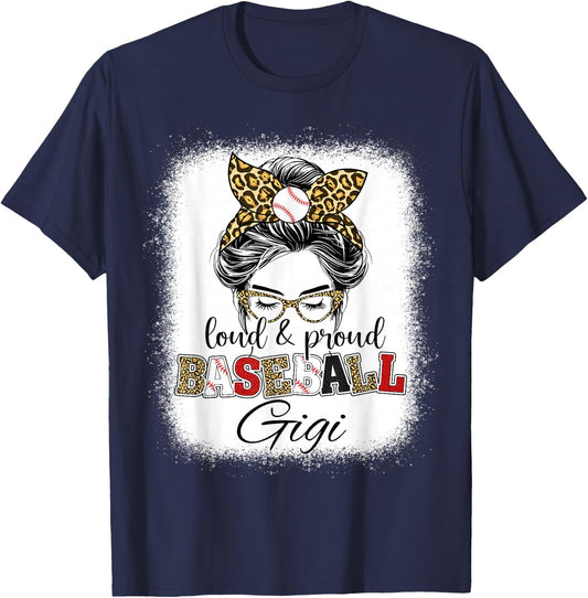 Loud and Proud Baseball Gigi messy bun leopard girls T-Shirt - T-Shirt | Navy