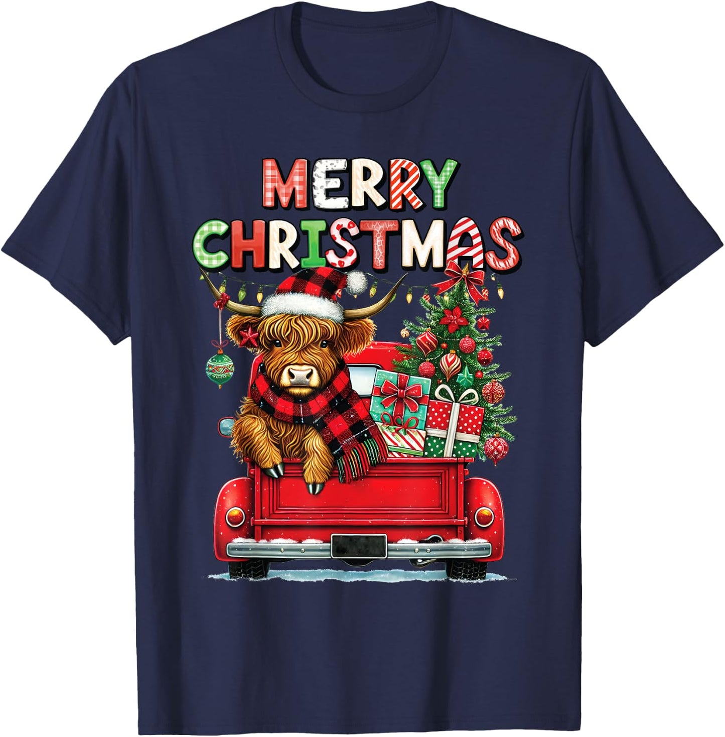 Merry Christmas Scottish Highland Cow Xmas Farm Animal Lover T-Shirt - T-Shirt | Navy