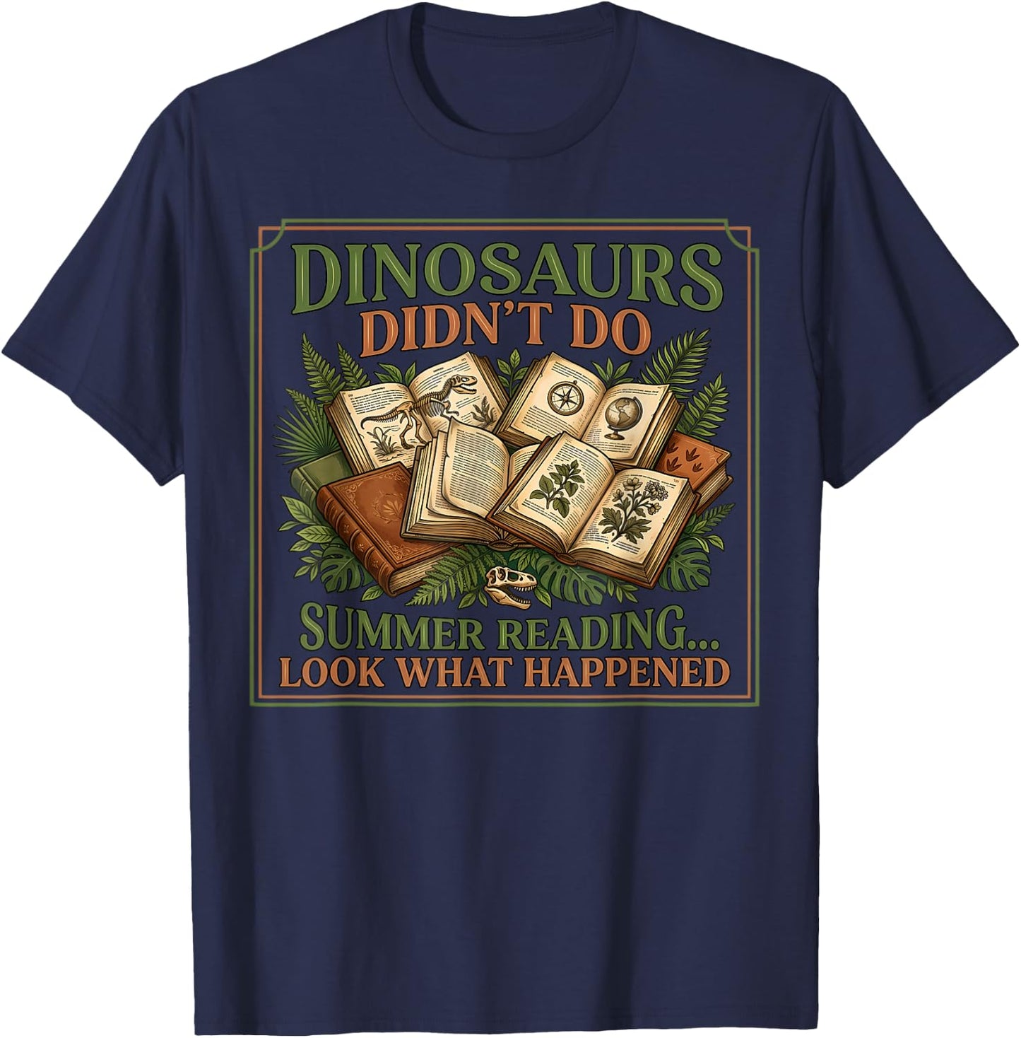 Dinosaurs Didn’t Do Summer Reading Vintage Botanic T-Shirt - T-Shirt | Navy