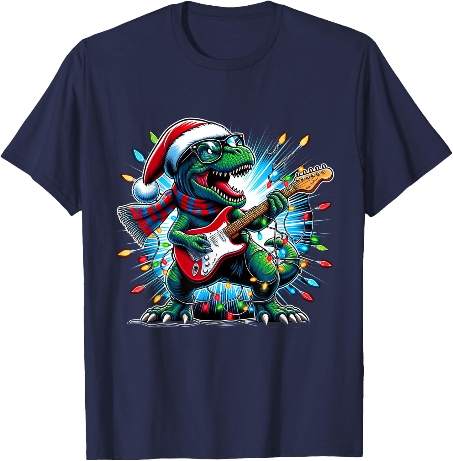 Dinosaur Guitar Player Xmas Funny Trex Dinosaur Christmas T-Shirt - T-Shirt | Navy