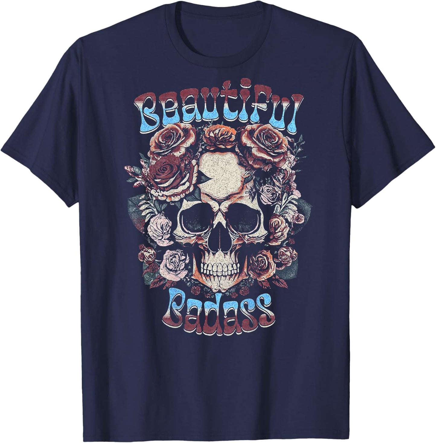 Beautiful Badass Floral Skull (on back) T-Shirt - T-Shirt | Navy
