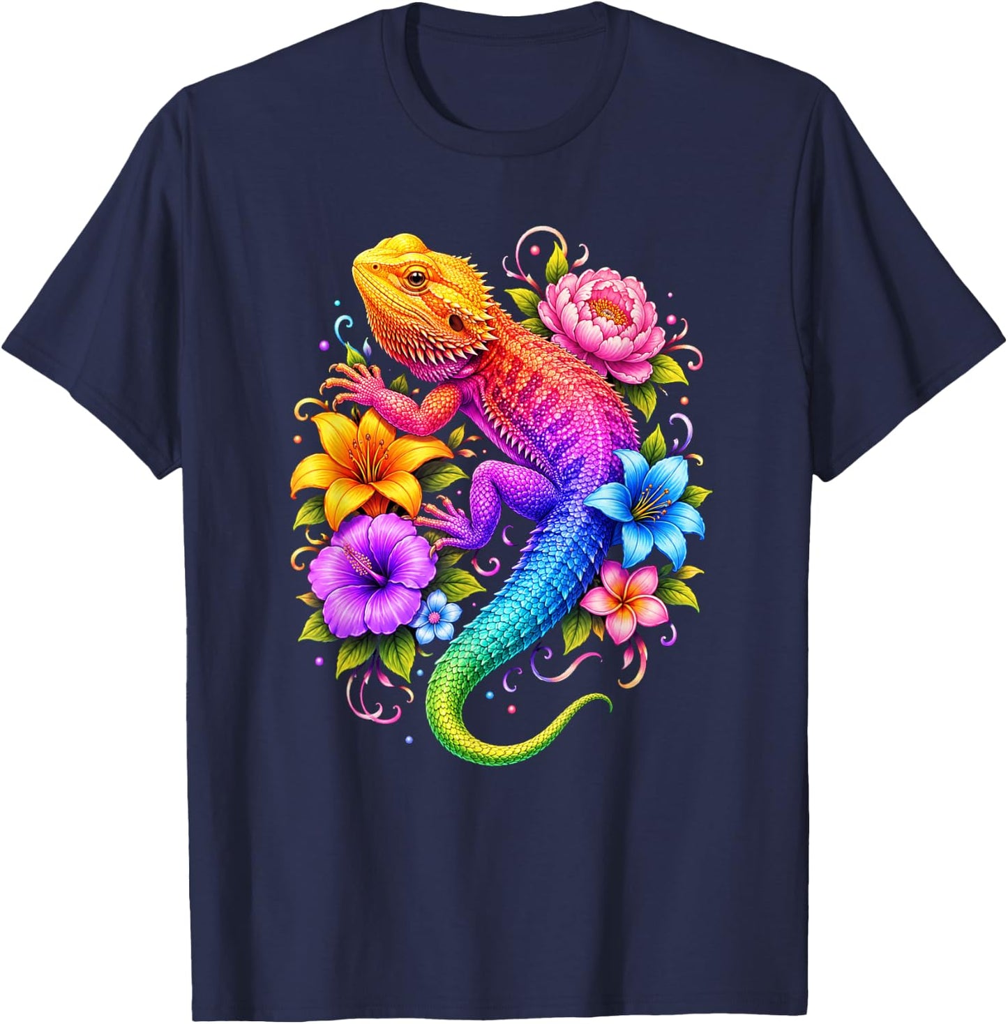 Colorful Floral Bearded Dragon Flowers Rainbow Women Girls T-Shirt - T-Shirt | Navy