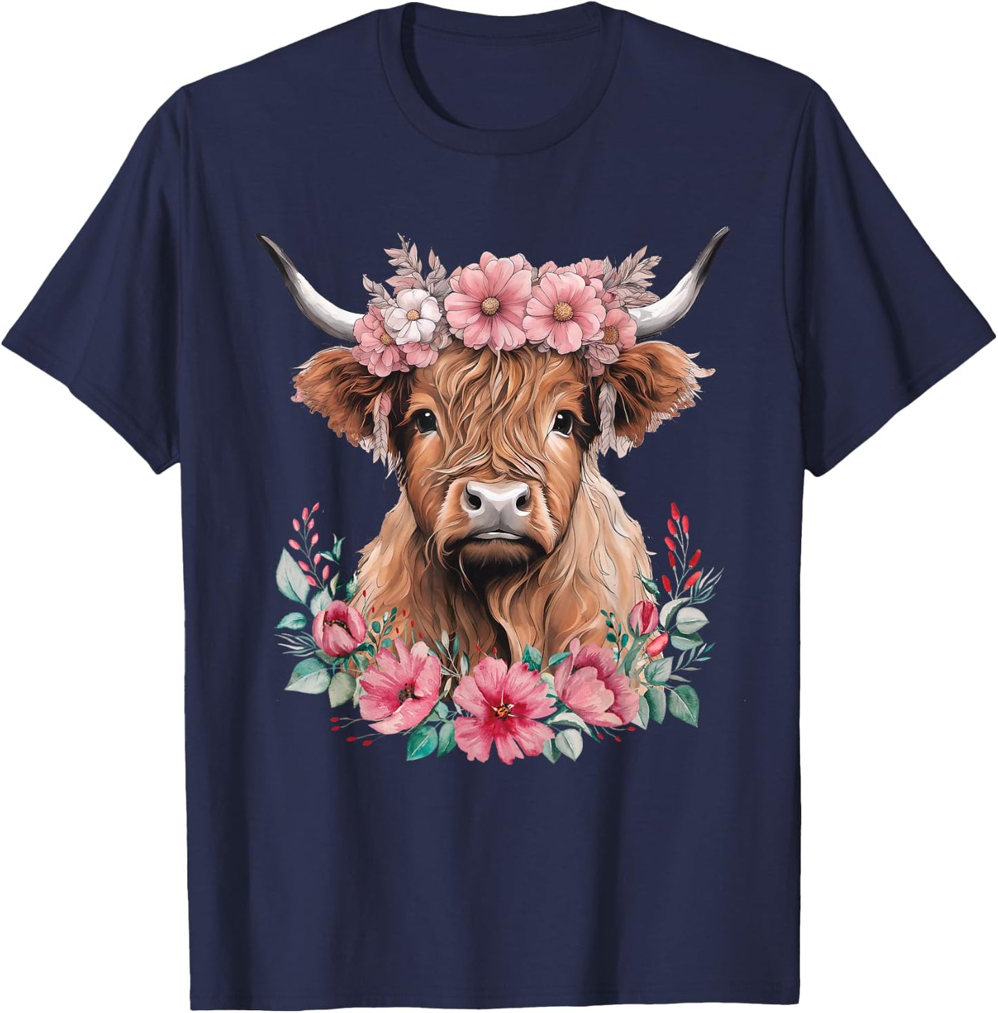 Cute Baby Highland Cow with Flowers Calf Animal Cow Women T-Shirt - T-Shirt | Navy
