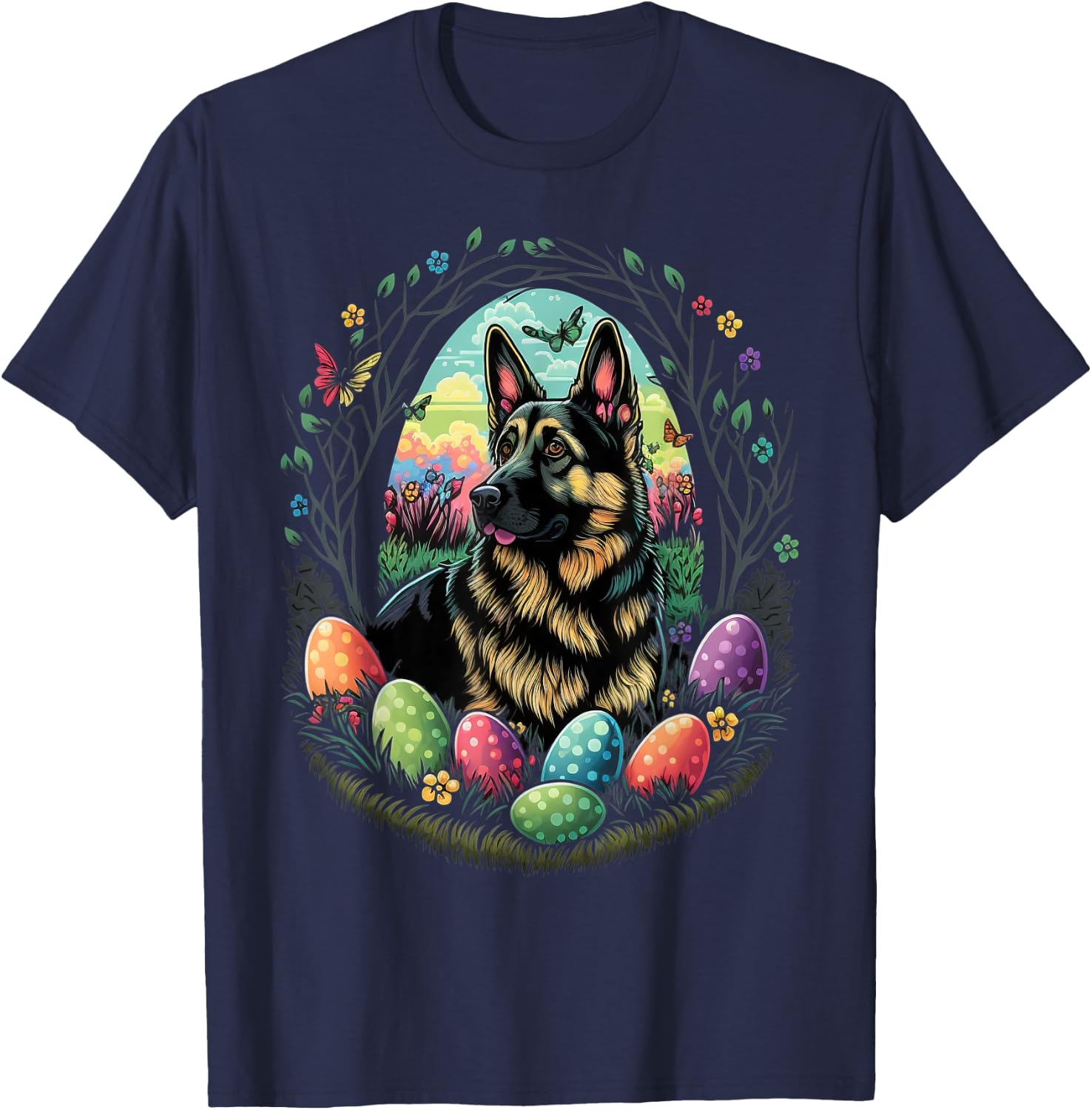 Easter Alsatian Bunny Eggs Dog on Easter German Shepherd T-Shirt - T-Shirt | Navy
