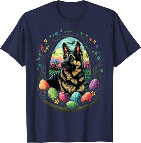 Easter Alsatian Bunny Eggs Dog on Easter German Shepherd T-Shirt - T-Shirt | Navy
