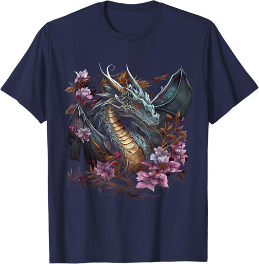 Beautiful Floral Dragon Lover Fantasy Art Cool Illustration T-Shirt - T-Shirt | Navy
