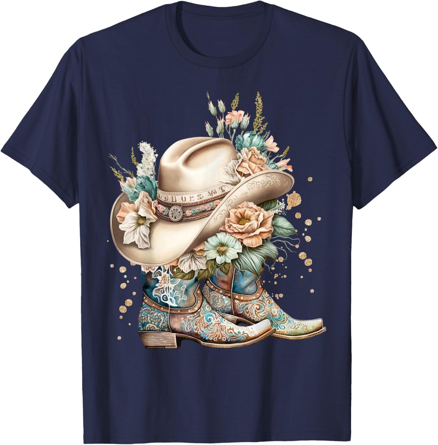 Cowgirl Boots Hat Floral Western Cowgirl Boots Cowhide Rodeo T-Shirt - T-Shirt | Navy