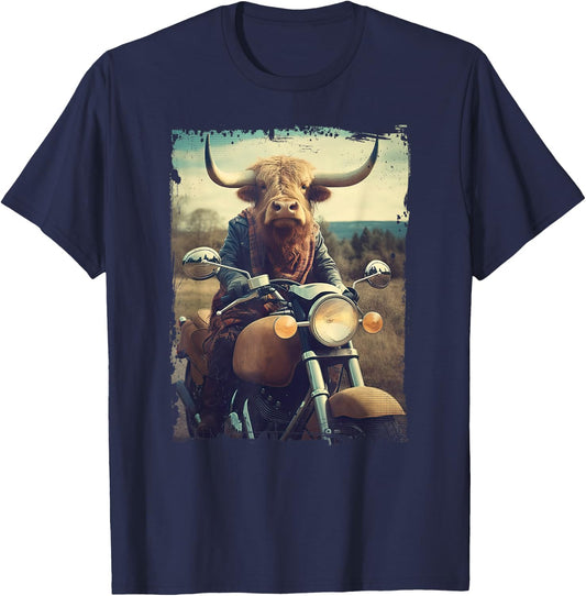 Scottish Highland Cow Cattle Hairy Cow Rides motorcycle men T-Shirt - T-Shirt | Navy