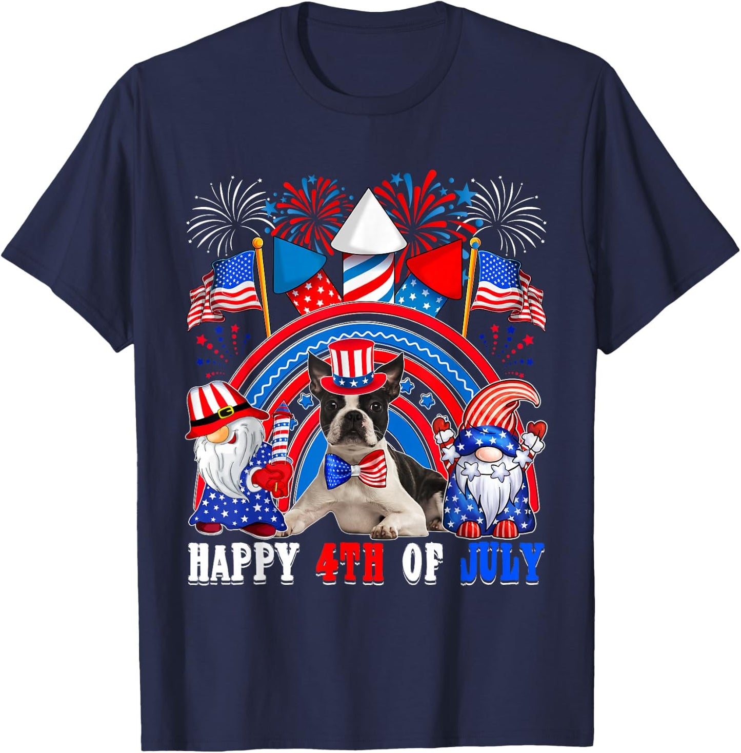 4th Of July American Flag Fireworks Boston Terrier Gnomes T-Shirt - T-Shirt | Navy