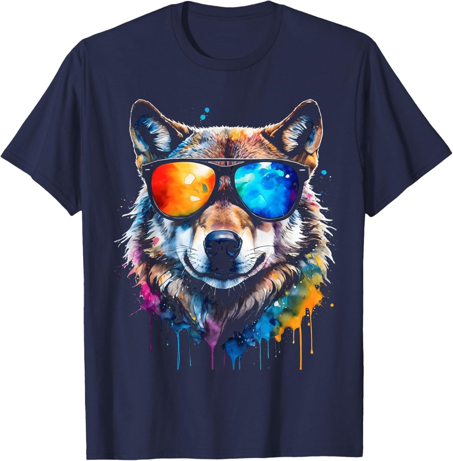 Wolf Sunglasses Colourful Animal Print Design , black T-Shirt - T-Shirt | Navy