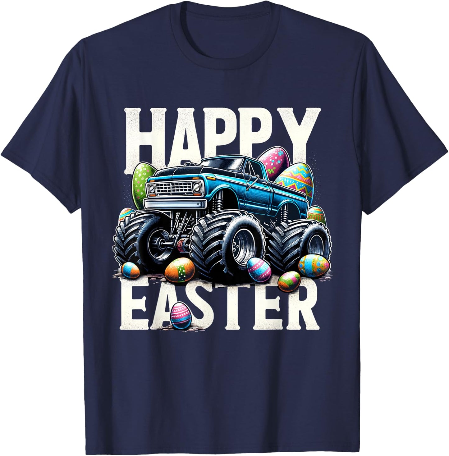 Boys Happy Easter Monster Truck Easter Eggs Hunt Toddler Kid T-Shirt - T-Shirt | Navy