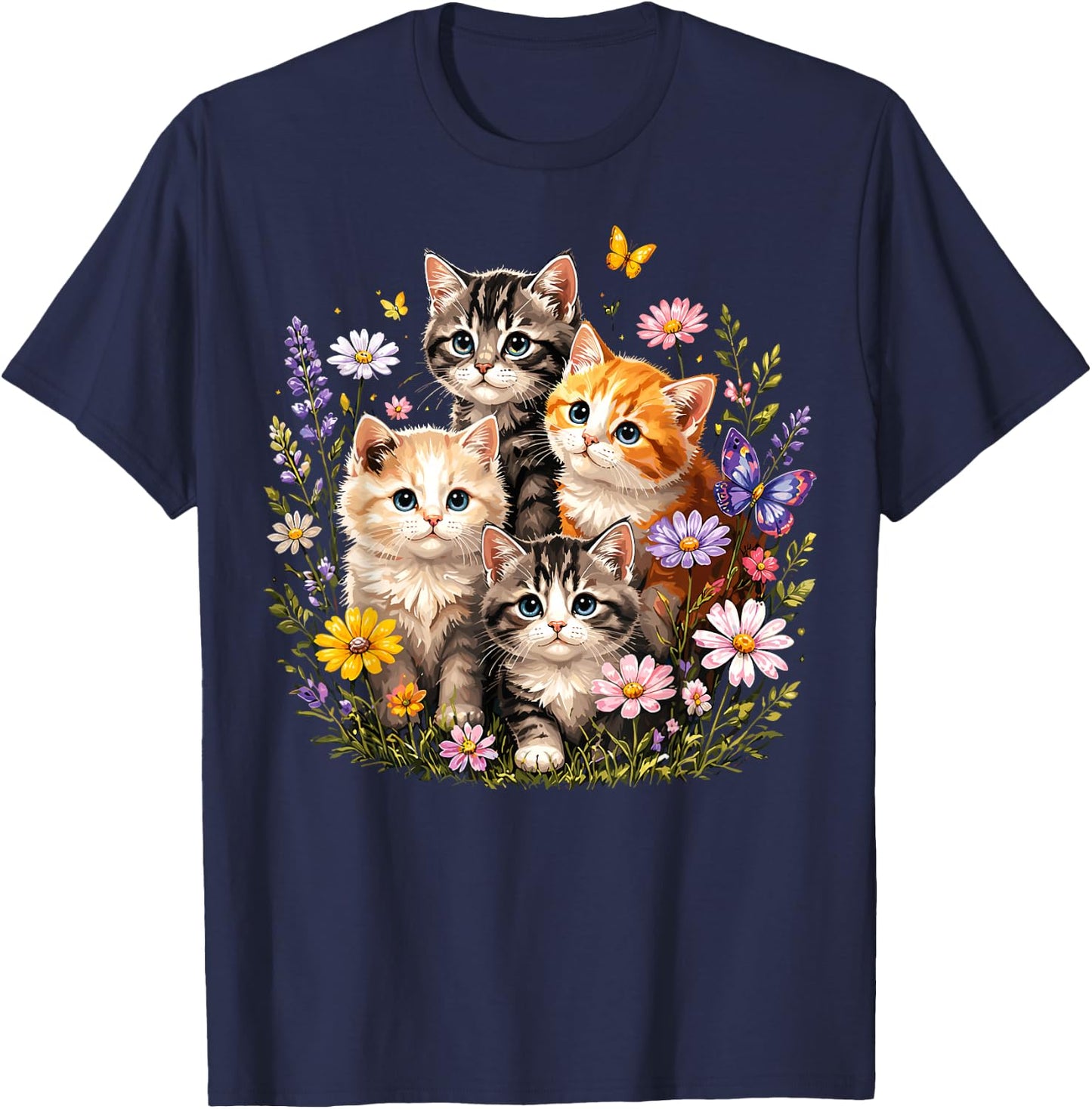 Cute Kittens Flowers Cat T-Shirt - T-Shirt | Navy