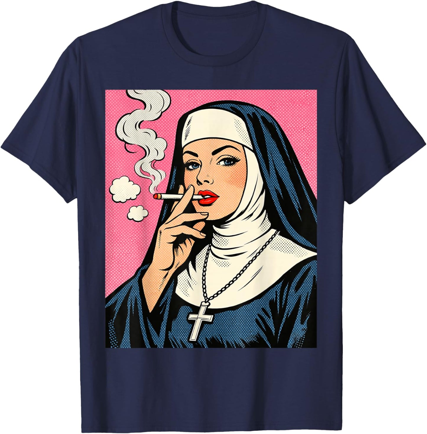 Nun Smoking a Cigarette pop Art T-Shirt - T-Shirt | Navy