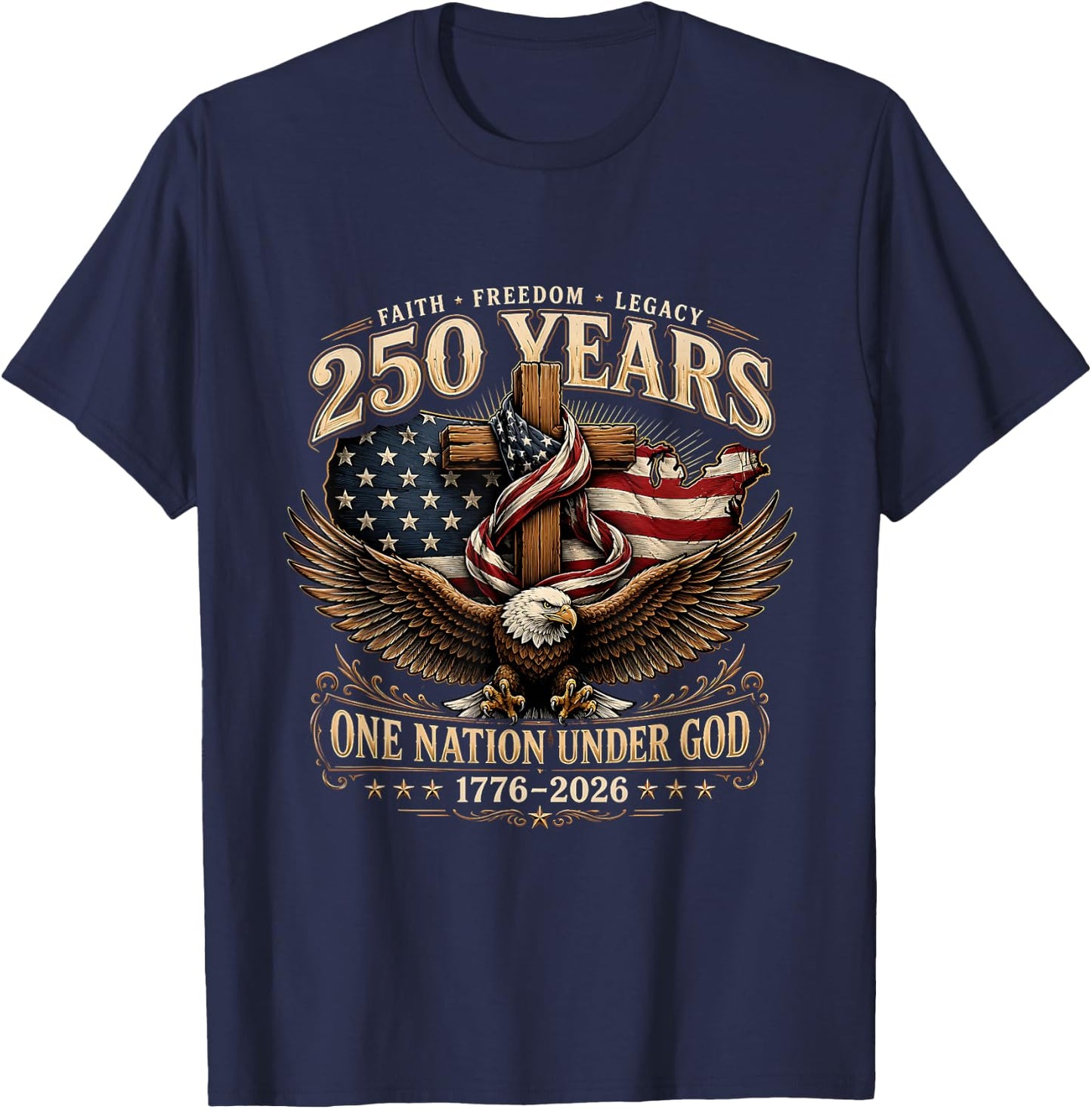 Vintage 250 Years One Nation Under God 1776-2026 4th of July T-Shirt - T-Shirt | Navy