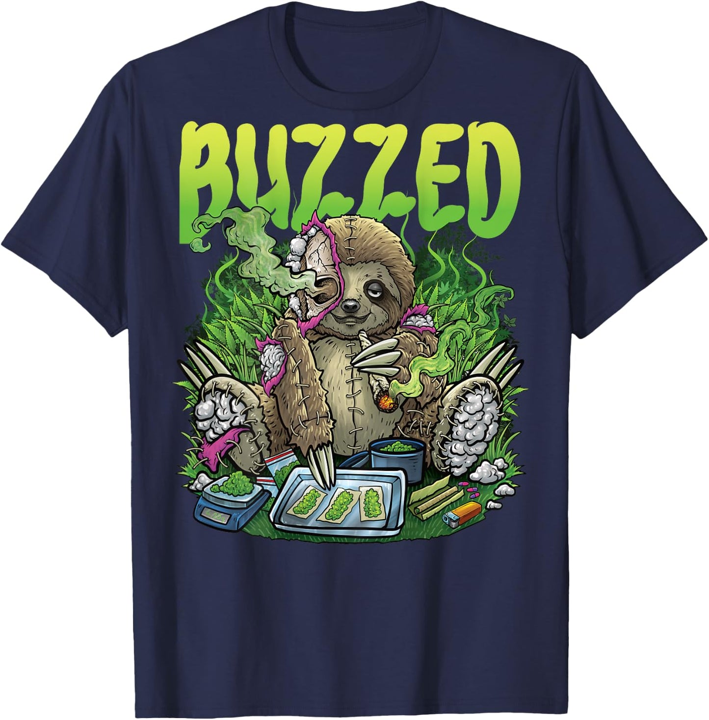 Weed Sloth Smoking Stoner Rave House Techno Outfit BACKPRINT T-Shirt - T-Shirt | Navy
