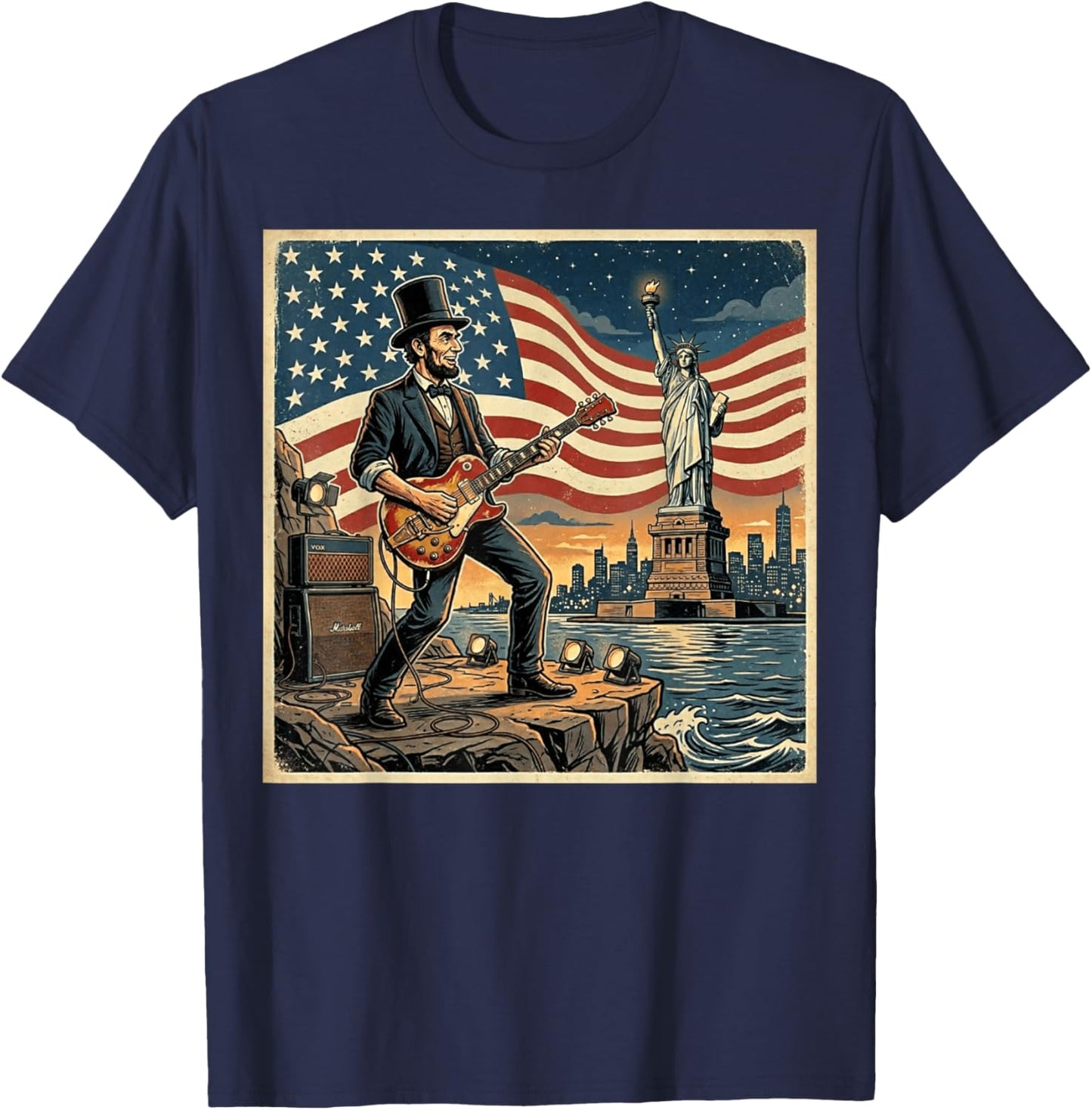 Abraham Lincoln Playing Electric Guitar 4th of July Retro T-Shirt - T-Shirt | Navy