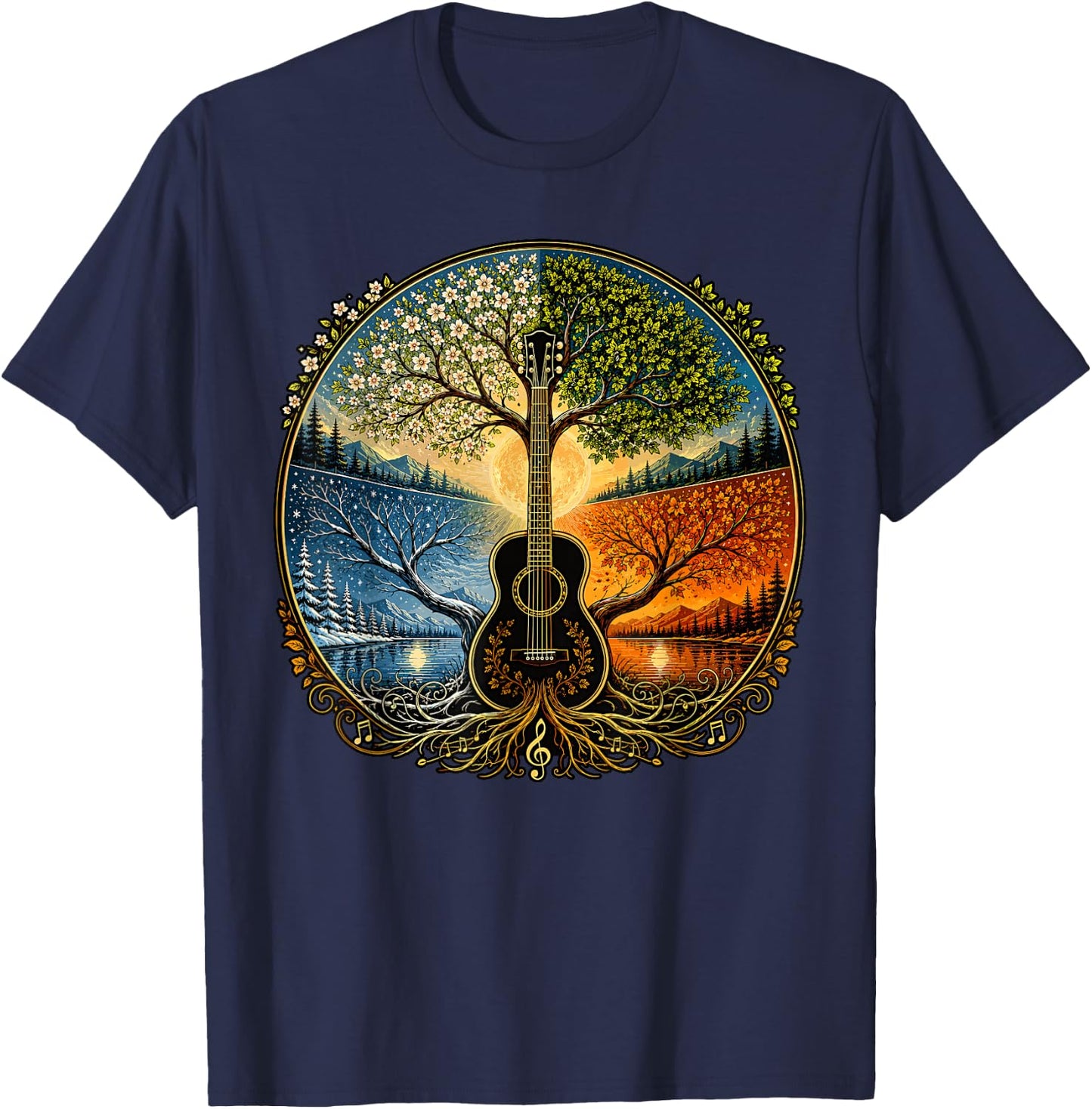 Acoustic Guitar by the Lake Seasons Nature Music T-Shirt - T-Shirt | Navy
