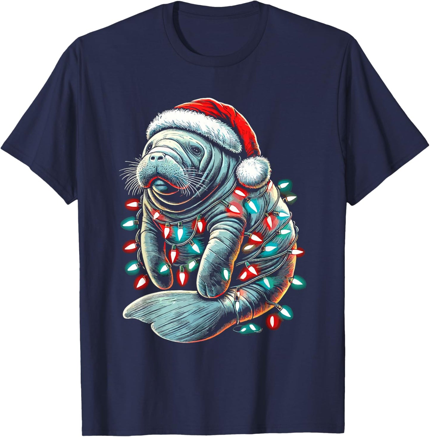 Manatee Santa Hat Christmas Lights Pajama Funny Xmas T-Shirt - T-Shirt | Navy