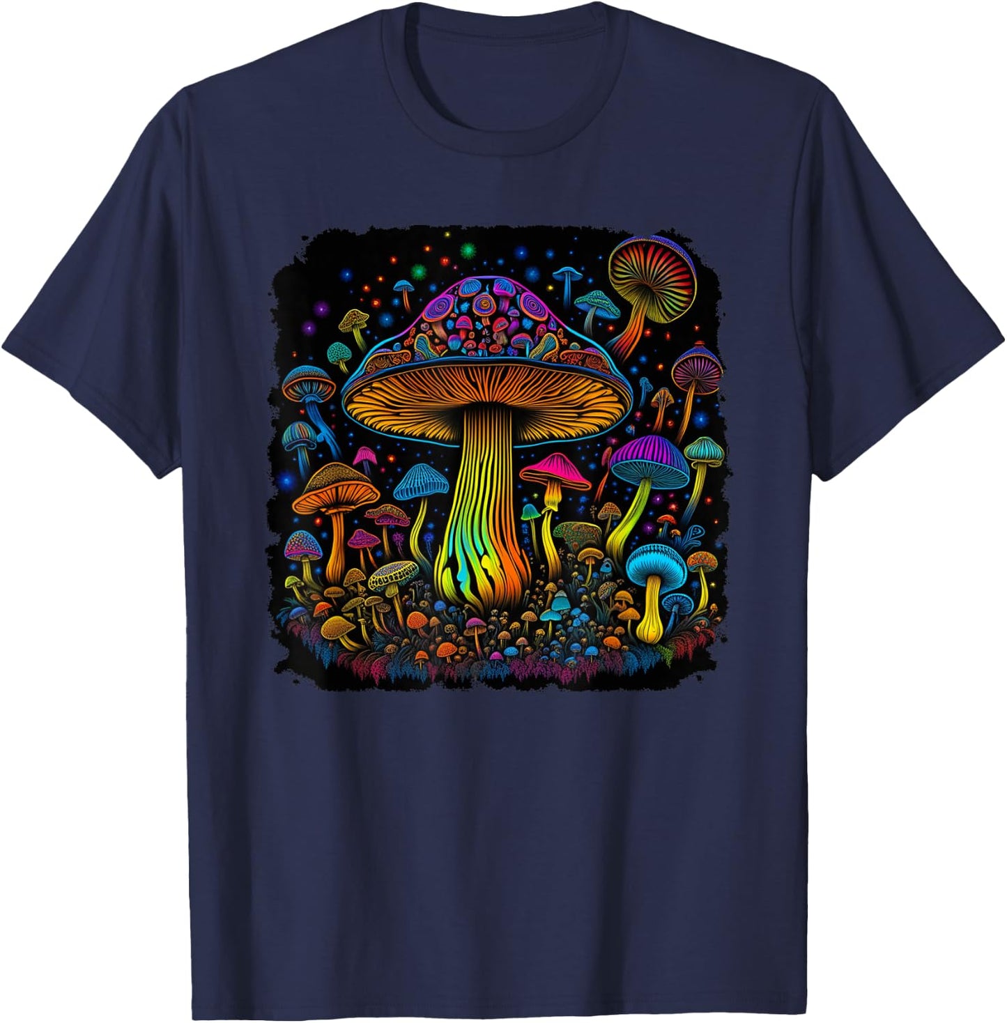 Psychedelic Mushroom Art Groovy 70s Retro Black Light Style T-Shirt - T-Shirt | Navy
