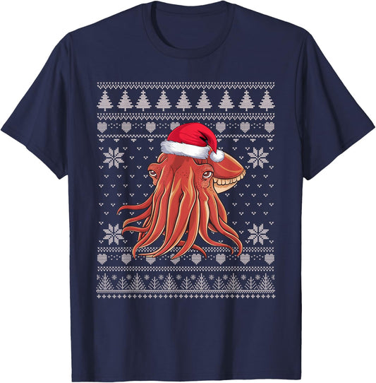 Funny Cuttlefish Ugly Christmas Sweater Santa Xmas PJs T-Shirt - T-Shirt | Navy