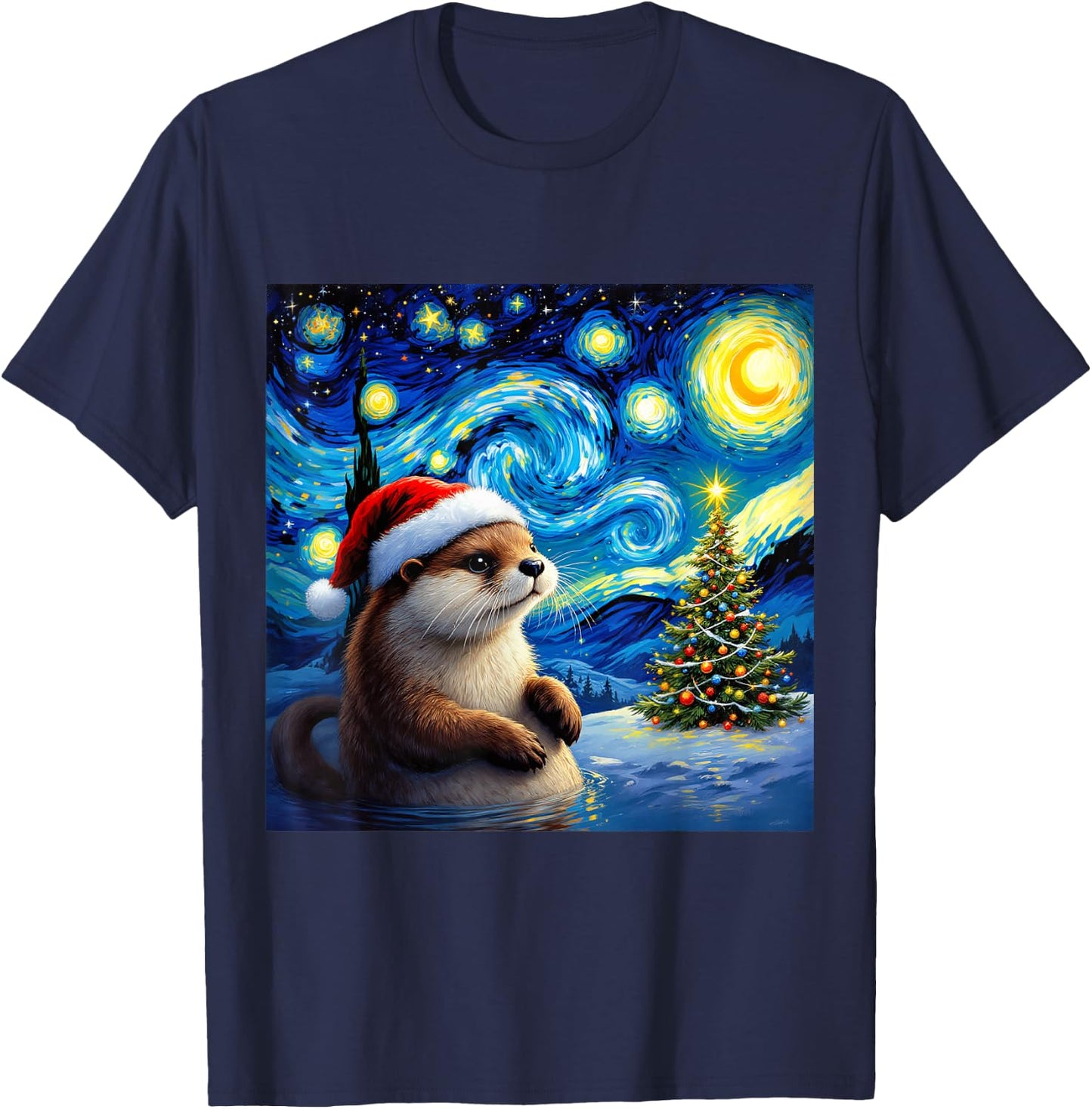 Christmas Otter Santa Hat Van Gogh Starry Night Holiday T-Shirt - T-Shirt | Navy
