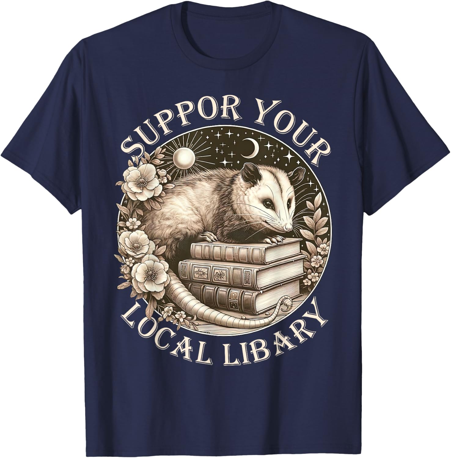 Support Your Local Library Opossum Possum Reading Bookworm T-Shirt - T-Shirt | Navy