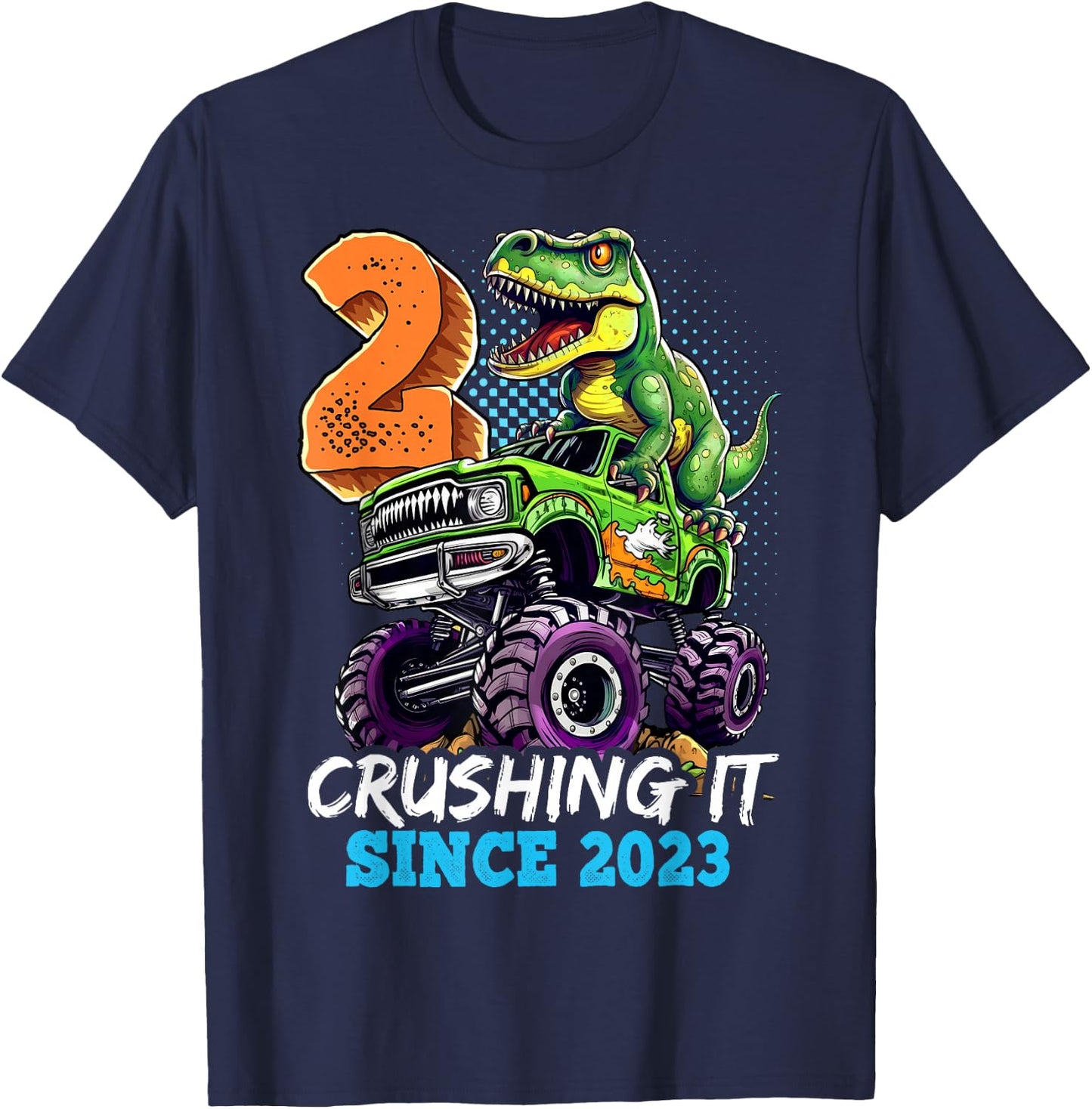 2nd Birthday Monster Truck Dinosaur Party Boys Rawr I'm 2 T-Shirt - T-Shirt | Navy