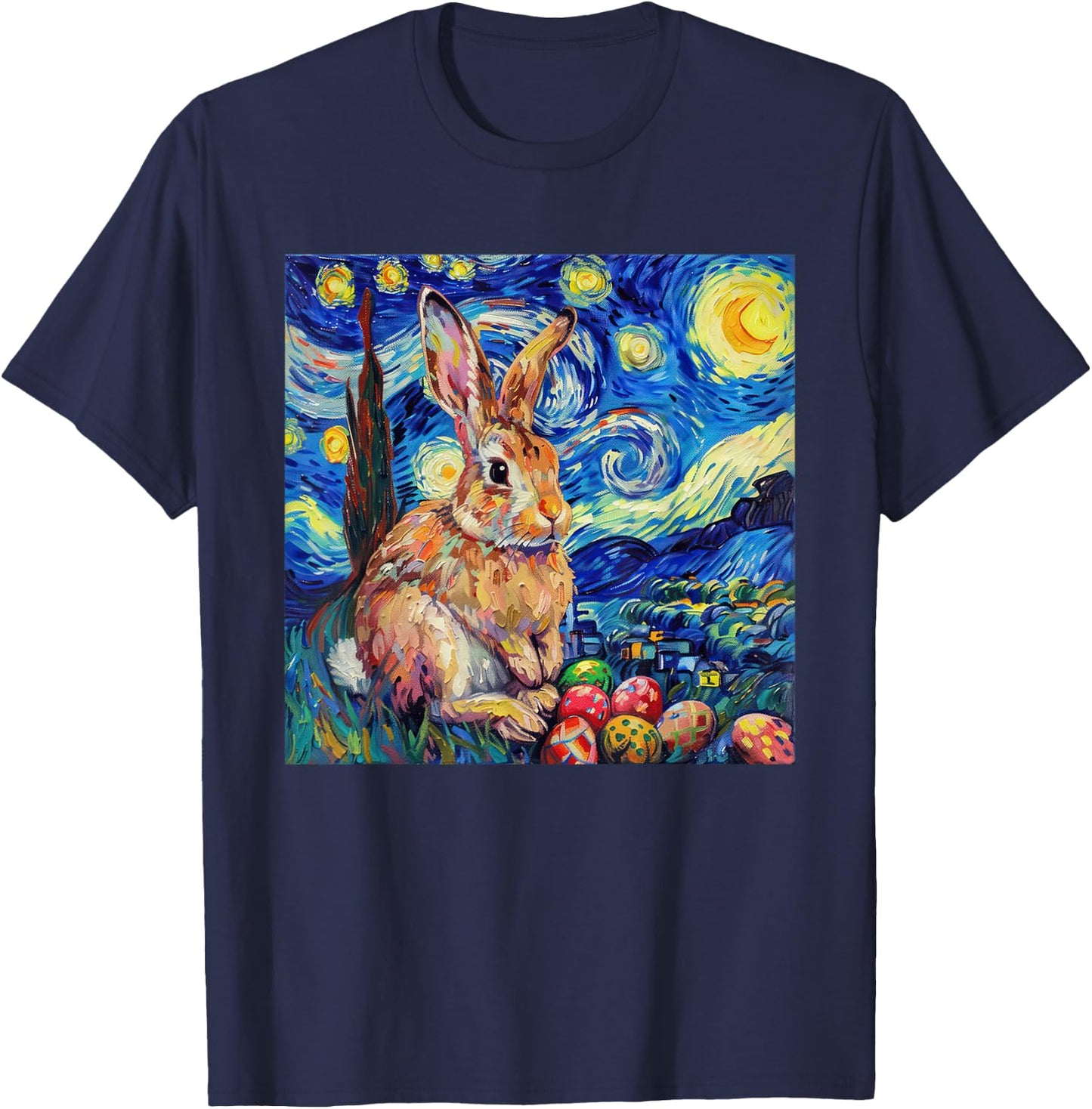 Easter Bunny Happy Easter Eggs Van Gogh Starry Night T-Shirt - T-Shirt | Navy