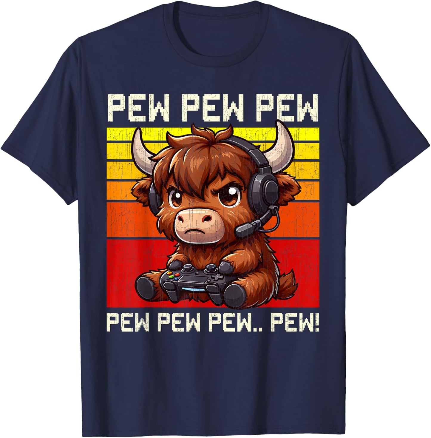 Highland Cow Gamer Pew Funny Video Games Vintage Boys Men T-Shirt - T-Shirt | Navy