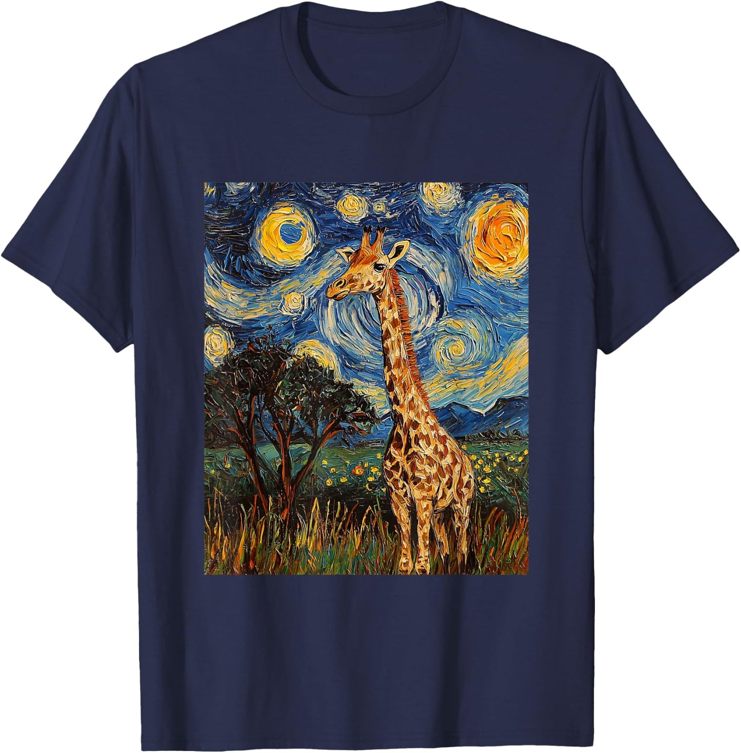 Giraffe Africa Van Gogh Style Starry Night Cute Graphic T-Shirt - T-Shirt | Navy