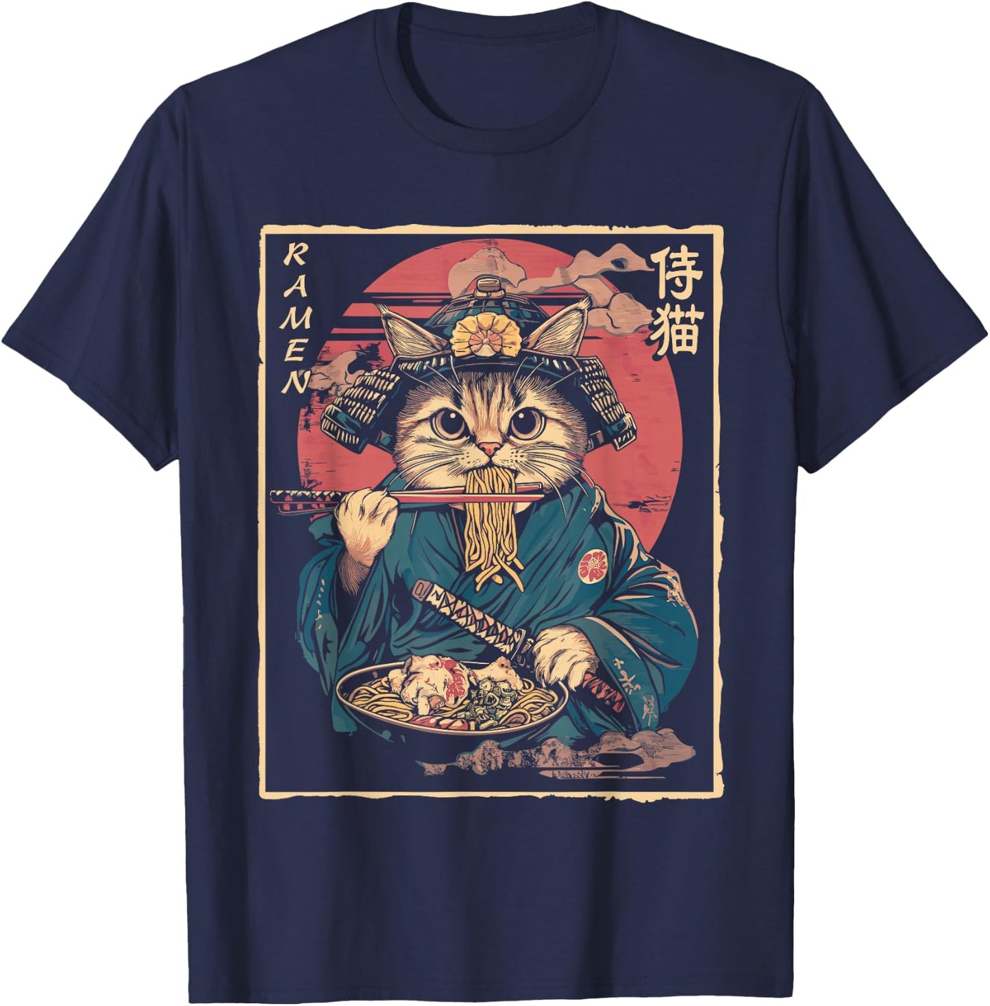 Japanese Samurai Ninja Cat Eating Ramen T-Shirt - T-Shirt | Navy