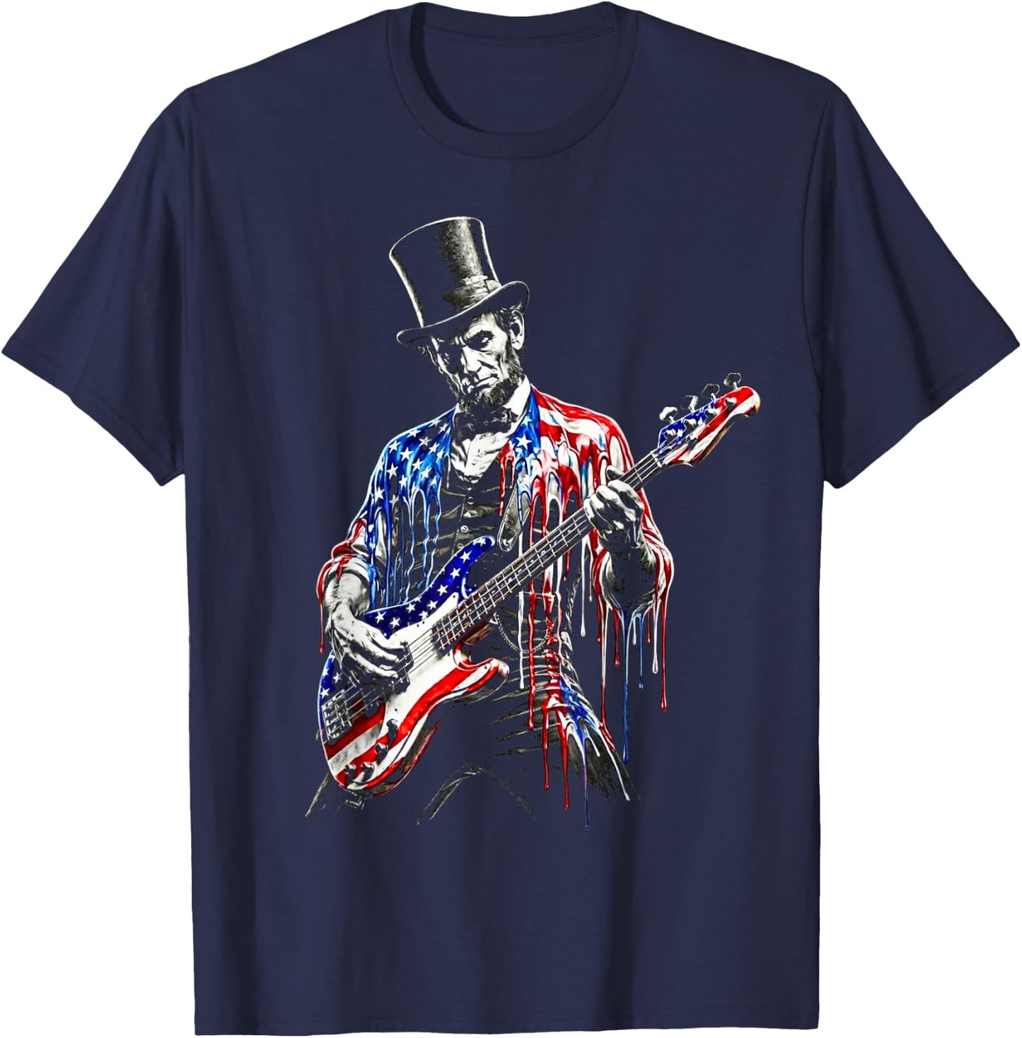 abe Lincoln Playing Guitar USA Flag 4th July Lincoln Guitar T-Shirt - T-Shirt | Navy