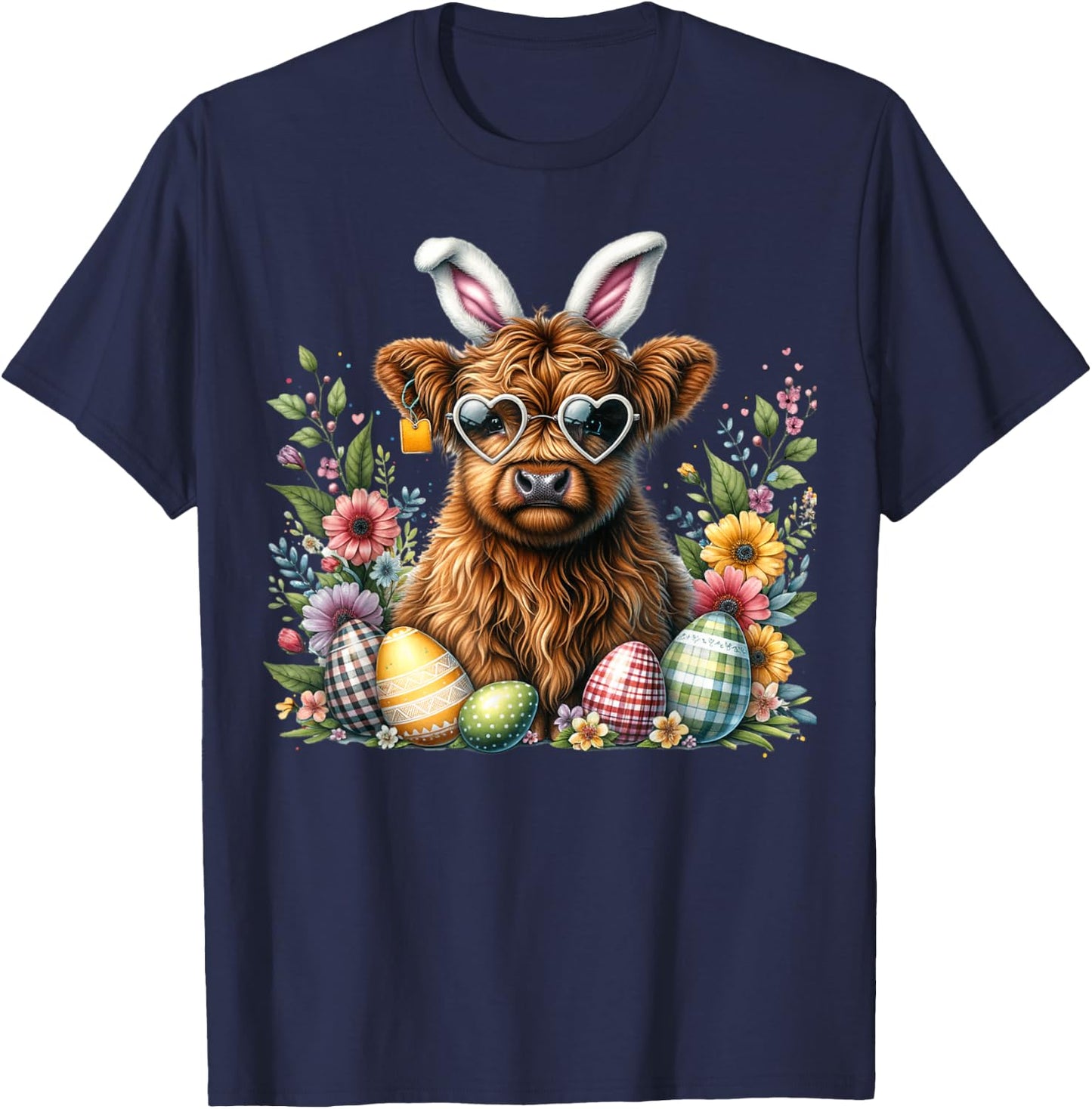 Highland Cow Easter Bunny Moo Basket Egg Hunt Gingham Floral T-Shirt - T-Shirt | Navy