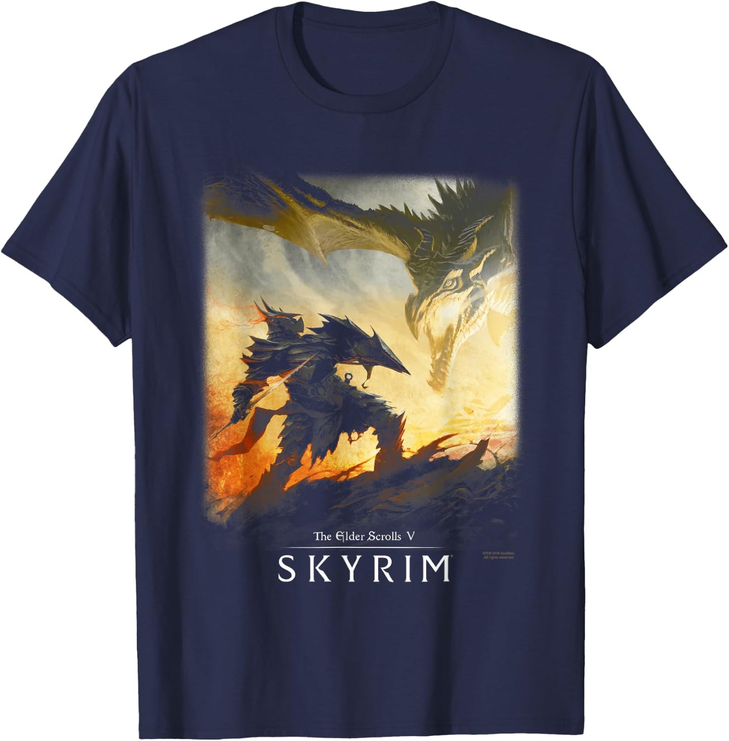 Skyrim Dragon Showdown with Daedric Armor RPG Video Game T-Shirt - T-Shirt | Navy
