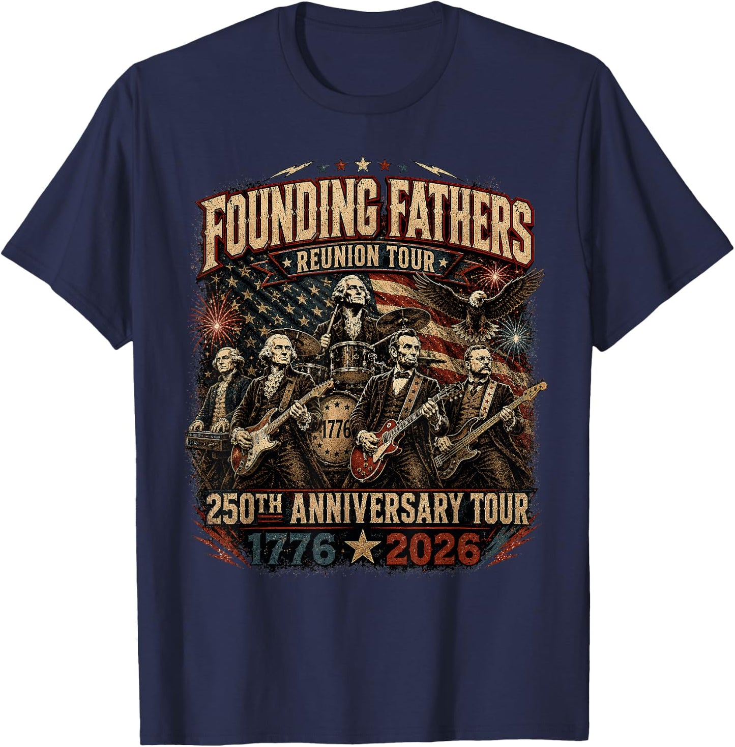 Funny Founding Fathers Reunion Tour Rockstar Graphic T-Shirt - T-Shirt | Navy