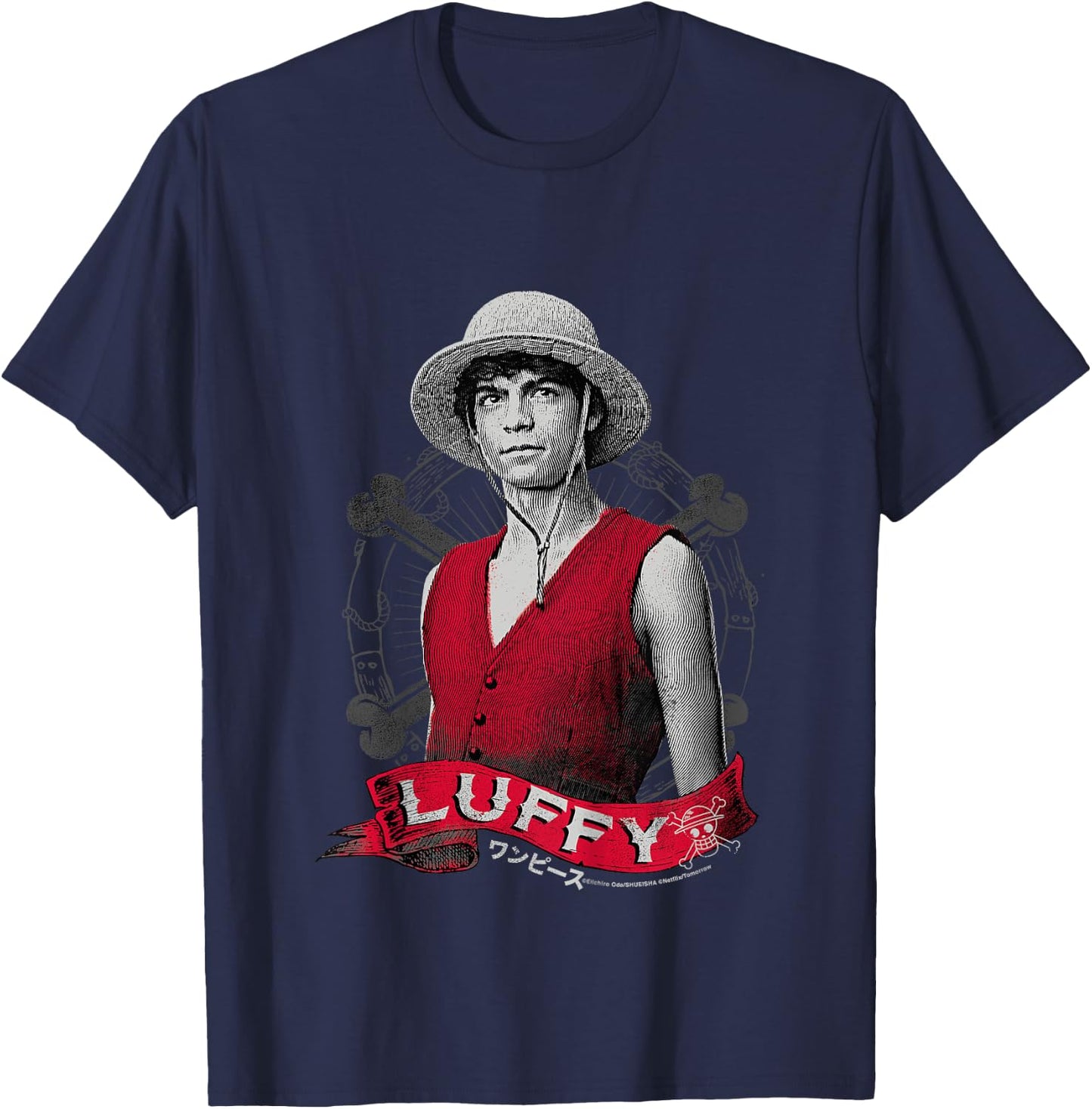 Kids One Piece Monkey D Luffy Live Action Pirate Straw Hat for Kids , Black, 2 T-Shirt - T-Shirt | Navy